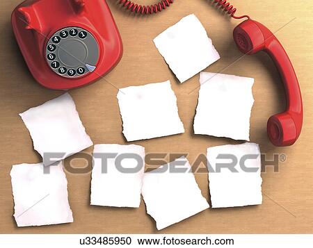 Clipart - "Red telephone and paper, illustration". Fotosearch