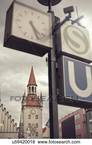 "14th Century Old Town Hall (Altes Rathaus) building at Marienplatz, with underground station sign in foreground, Munich, Germany" View Large Photo Image Stock Photo - "14th Century Old Town Hall (Altes Rathaus) building at Marienplatz, with underground station sign in foreground, Munich, Germany". Fotosearch