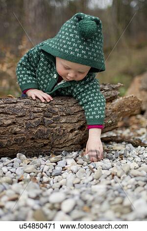 Baby girl leaning over tree trunk and touching pebbles View Large Photo Image Stock Image - Baby girl leaning over tree trunk and touching pebbles. Fotosearch