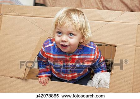 Boy playing with cardboard box in living room View Large Photo Image Stock Photography - Boy playing with cardboard box in living room. Fotosearch