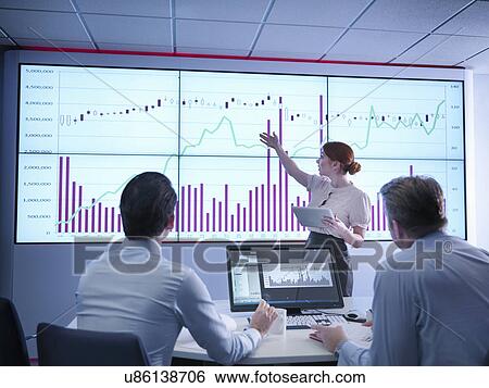 Stock Photograph - Businesswoman making presentation to colleagues in front of graphs on screen. Fotosearch
