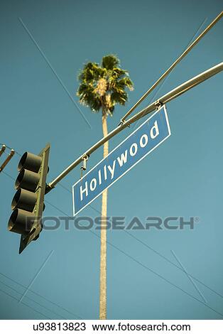 Stock Image - "Overhead traffic lights, Hollywood, Los Angeles, California, USA". Fotosearch