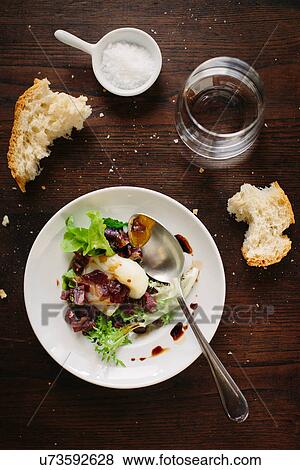 Stock Photo - "Plate of poached egg, greens, pancetta and balsamic vinegar". Fotosearch