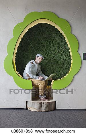 Portrait of male designer working on laptop in tree shaped office space View Large Photo Image Stock Photo - Portrait of male designer working on laptop in tree shaped office space. Fotosearch