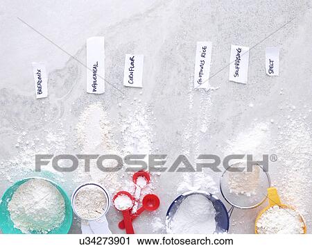 "Six labeled flours - breadmix, wholemeal flour, cornflour, glutinous rice, self raising flour and spelt flour" View Large Photo Image Stock Image - "Six labeled flours - breadmix, wholemeal flour, cornflour, glutinous rice, self raising flour and spelt flour". Fotosearch