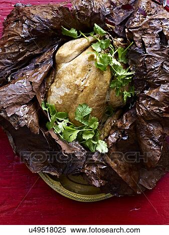 Stock Photography - Still life of Beggars Chicken wrapped in lotus leaf with coriander garnish. Fotosearch