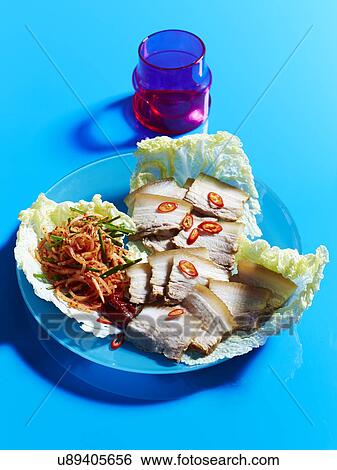 Still life of plate with braised pork belly kimchee View Large Photo Image Stock Photograph - Still life of plate with braised pork belly kimchee. Fotosearch