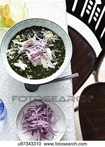 Still life with bowl of chicken soup with sliced red onion garnish View Large Photo Image Stock Image - Still life with bowl of chicken soup with sliced red onion garnish. Fotosearch