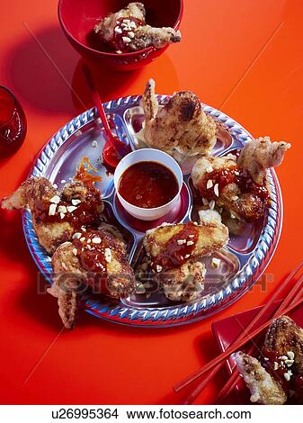 Still life with plate of spicy chicken wings and dipping sauce View Large Photo Image Picture - Still life with plate of spicy chicken wings and dipping sauce. Fotosearch