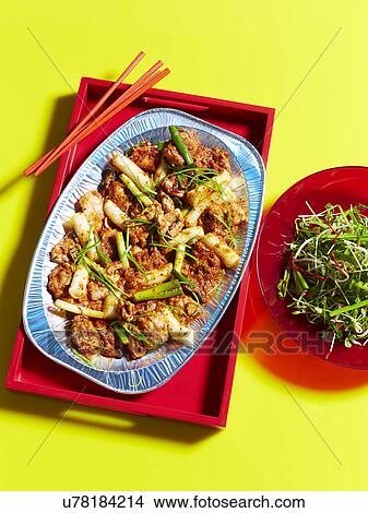 Picture - Still life with tray of stir fried spicy chicken and salad. Fotosearch