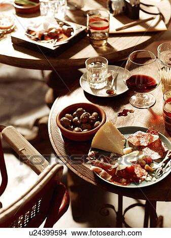 "Tables with antipasto starters with olives, chorizo, salami, cheese, parma ham with beer and wine" View Large Photo Image Picture - "Tables with antipasto starters with olives, chorizo, salami, cheese, parma ham with beer and wine". Fotosearch