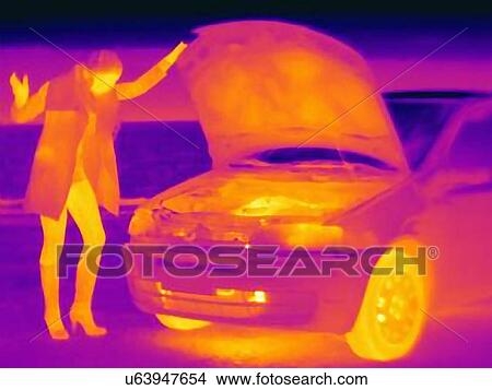 Thermal image of woman holding up automobile hood on roadside View Large Photo Image Picture - Thermal image of woman holding up automobile hood on roadside. Fotosearch