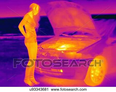 Thermal image of woman looking at automobile engine on roadside View Large Photo Image Stock Image - Thermal image of woman looking at automobile engine on roadside. Fotosearch