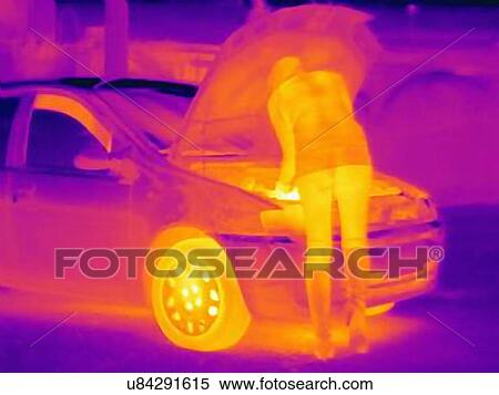 Thermal image of woman looking under automobile hood on roadside View Large Photo Image Stock Photography - Thermal image of woman looking under automobile hood on roadside. Fotosearch