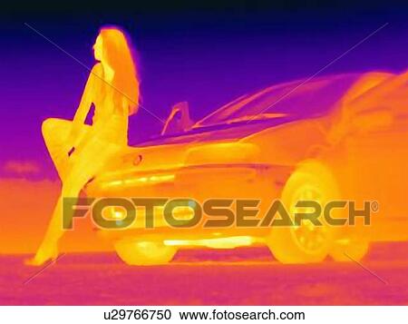 Thermal image of woman sitting on automobile hood on roadside View Large Photo Image Stock Image - Thermal image of woman sitting on automobile hood on roadside. Fotosearch