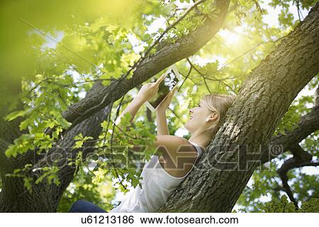 Young woman leaning back on tree branch using digital tablet View Large Photo Image Stock Photograph - Young woman leaning back on tree branch using digital tablet. Fotosearch