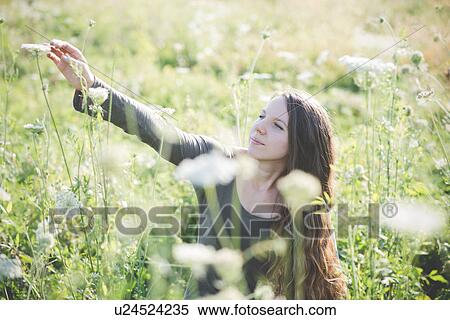 Young woman picking wild flowers in field View Large Photo Image Stock Photography - Young woman picking wild flowers in field. Fotosearch