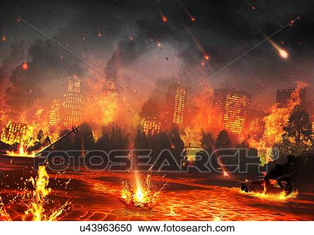 Artwork of a City Hit by Meteorites View Large Illustration Clipart - Artwork of a City Hit by Meteorites. Fotosearch
