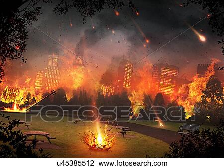 Drawing - Artwork of a City Hit by Meteorites. Fotosearch