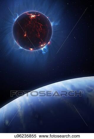 Stock Illustration - Artwork of volcanic world eclipsing sta. Fotosearch