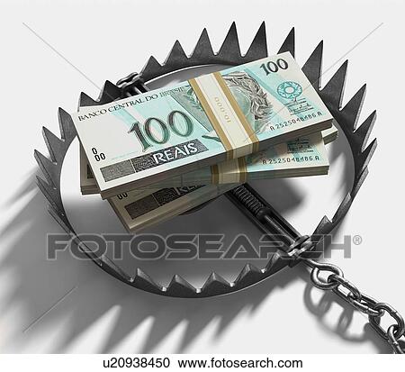 Clipart - Bear trap with Brazilian real notes. Fotosearch