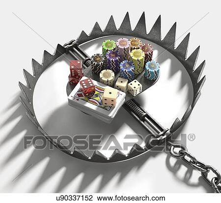 Drawing - Bear trap with gambling chips and cards. Fotosearch