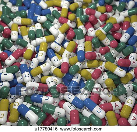 Stock Illustration - Capsules labelled with bases of DNA. Fotosearch