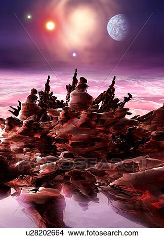 Stock Illustration - Planet surface with planets, illustration. Fotosearch