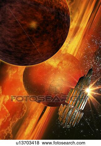 Stock Illustration - Space craft orbiting a planet. Fotosearch