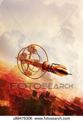 Stock Illustration - Spacecraft flying over planet. Fotosearch
