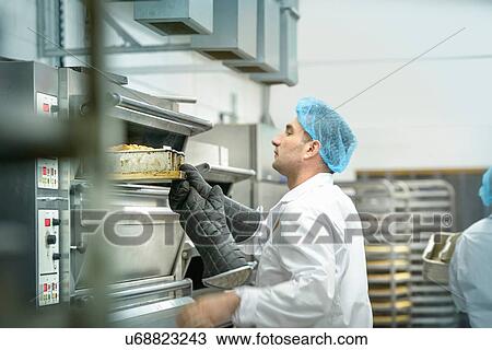 Stock Image - Baker inspecting cakes in oven in cake factory. Fotosearch