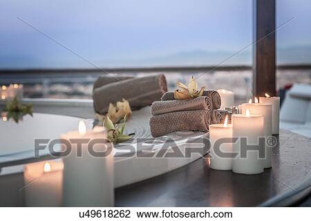 Bath and candles in luxury hotel room View Large Photo Image Stock Image - Bath and candles in luxury hotel room. Fotosearch
