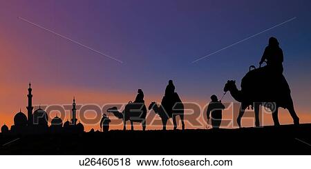 Stock Photo - "Camel caravan arriving at mosque, Abu Dhabi, United Arab Emirates". Fotosearch
