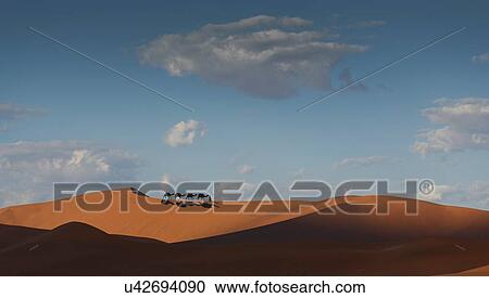 Stock Image - "Camel caravan on desert horizon, Dubai, United Arab Emirates". Fotosearch