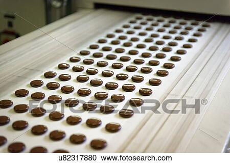 Stock Image - Chocolates on production line in chocolate factory. Fotosearch
