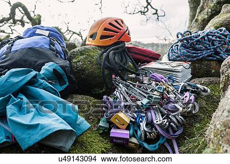 Climbing equipment and helmet on rocks View Large Photo Image Picture - Climbing equipment and helmet on rocks. Fotosearch