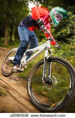 Close up of young woman downhill mountain biking in forest View Large Photo Image Stock Photograph - Close up of young woman downhill mountain biking in forest. Fotosearch