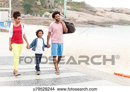 Picture - "Couple and son strolling hand in hand, Ipanema beach, Rio De Janeiro, Brazil". Fotosearch