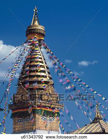 "Detail of roof and prayer flags on the Stupa of Swayambhunath, Kathmandu, Nepal" View Large Photo Image Stock Image - "Detail of roof and prayer flags on the Stupa of Swayambhunath, Kathmandu, Nepal". Fotosearch