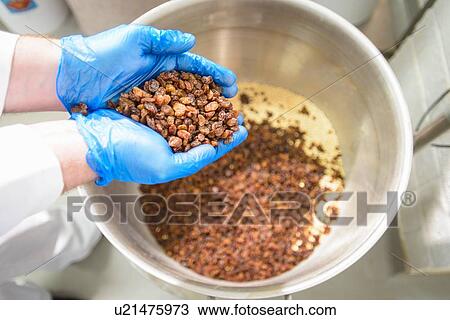 Stock Image - "Dried fruit being poured into cake mix in cake factory, close up". Fotosearch