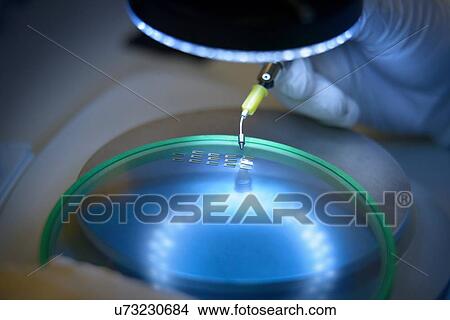 Picture - "Electronics worker checking small electronic chips in clean room laboratory, close up". Fotosearch