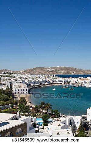 Stock Photo - "Elevated view of harbor, Mykonos, Cyclades, Greece". Fotosearch