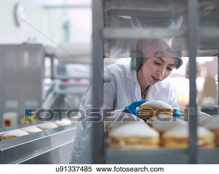 Stock Photography - Female baker putting cakes on packaging line in cake factory. Fotosearch