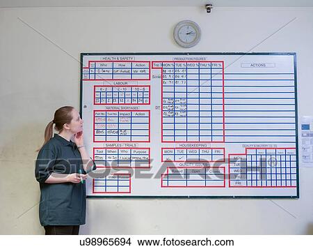 Picture - Female worker making notes on board in factory. Fotosearch