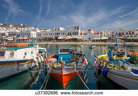 "Fishing boats in harbor, Mykonos, Cyclades, Greece" View Large Photo Image Stock Photograph - "Fishing boats in harbor, Mykonos, Cyclades, Greece". Fotosearch