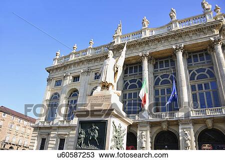 Stock Image - "Madama Palace and Italian hero Garibaldi statue, Turin, Piedmont, Italy". Fotosearch
