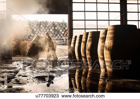 Stock Image - Male cooper working in cooperage with whisky casks. Fotosearch
