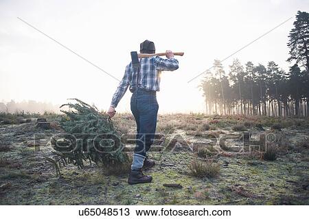 Stock Image - Mature woodsman walking in forest clearing with axe over his shoulder. Fotosearch