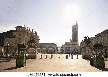 Stock Image - "Piazza Castello, Madama Palace, oldest skyscraper, Turin, Piedmont, Italy". Fotosearch