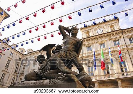Stock Photo - "Piazza delle Erbe, seat of Turin City Hall and statue, Turin, Piedmont, Italy". Fotosearch